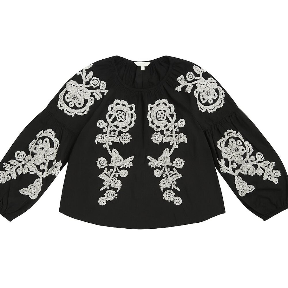 M&S Black Embroidered Top – 12 Petite 100% Cotton Boho‎ Blouse